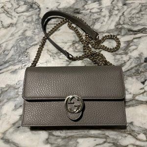 Gucci Gray Leather Wallet On Chain With Silver Hardware